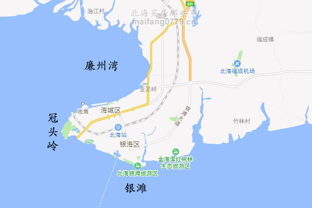 北海城区是个半岛,三面临海南岸银滩,西岸冠头岭,北岸廉州湾